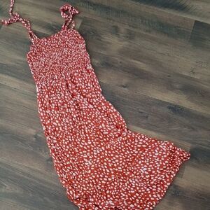 Women's Large Burnt Orange and White Polka Dot Midi/Maxi Dress w/ Tie Shoulders